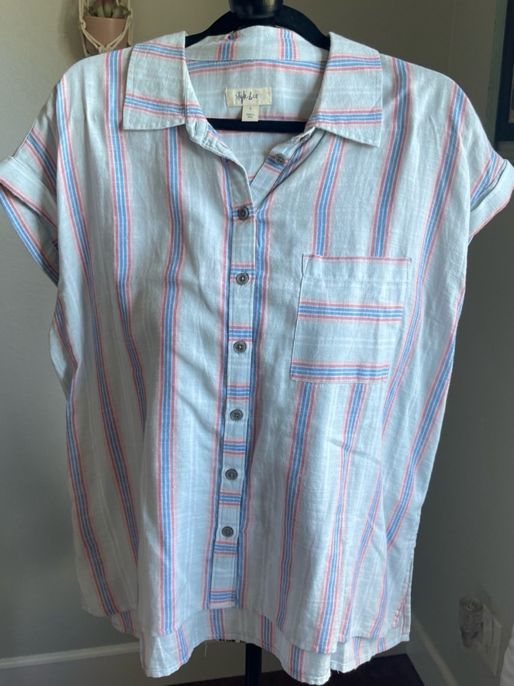 Style & Co. White Button-Down Top with Blue and Pink Stripes